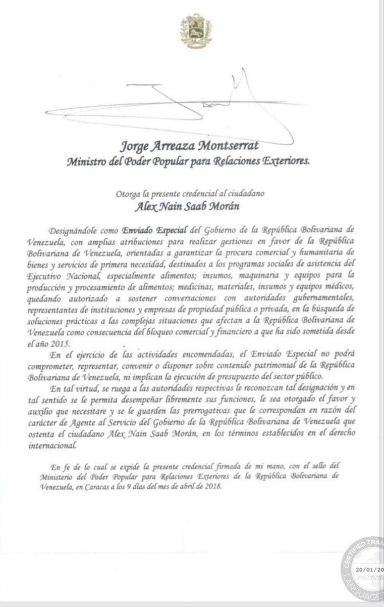 Antes de que <a href="/jguaido/">Juan Guaidó</a> se impusiera como “presidente”, sin éxito, mi esposo ya era y es diplomático, nombrado Enviado Especial por la República Bolivariana de Venezuela el 9 abril 2018.
Aunque no le guste, Alex Saab es Diplomático y goza de inmunidad e inviolabilidad diplomática.