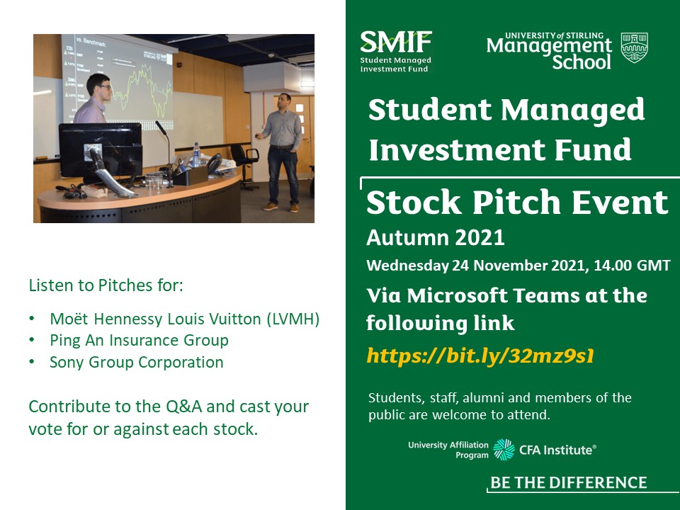 Can't wait to hear what the <a href="/StirUni/">University of Stirling</a> and <a href="/StirManSchool/">Stir Man School</a> <a href="/StirlingUniSMIF/">Stirling University SMIF</a> #stockpickers have to say about <a href="/moet/">Moet & Chandon</a>, <a href="/LVMH/">LVMH</a>, #PingAn, and <a href="/Sony/">Sony</a>, on Wednesday afternoon. All welcome to come and join the event held on MS Teams #esginvesting #investing