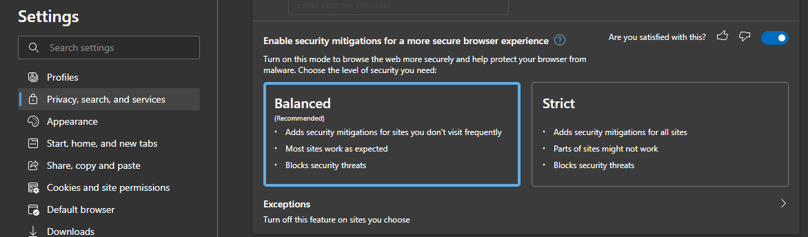 spoofyroot's tweet photo. We quietly released Super Duper Secure Mode to stable (96.0.1054.29). Users can now toggle between Balanced and Strict modes. Balanced learns what sites you use often and trusts those, strict is well.. strict :) Users can now add their own exceptions.  Still working on WASM https://t.co/EfmooqBuvZ