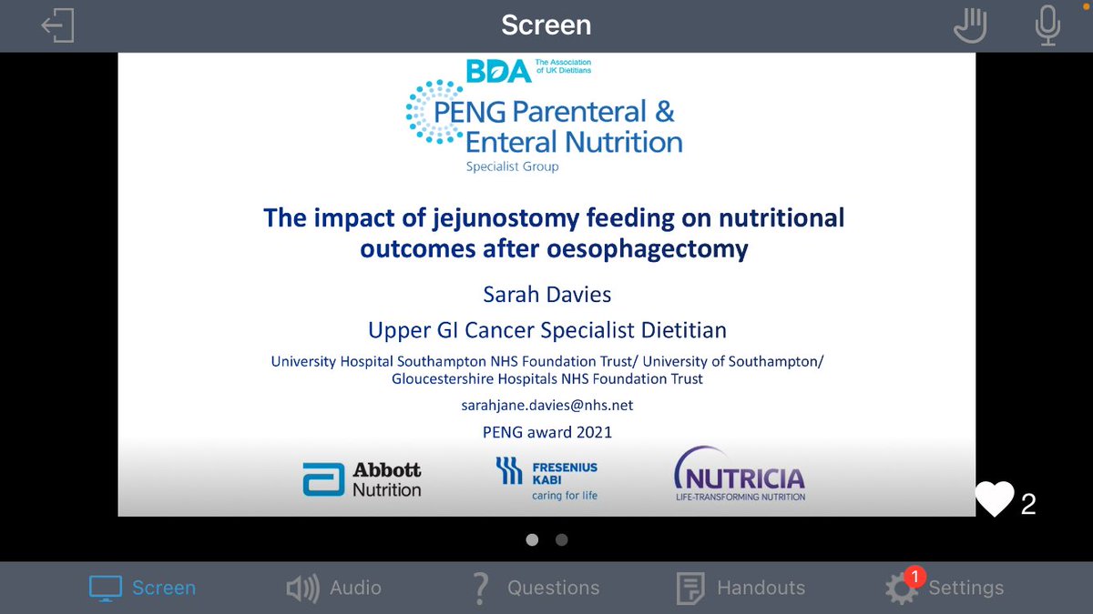 hwebsterRD's tweet photo. Great presentation by @sarahdaviesRD PENG award winner confirming the benefits of jejunostomy placement post UGI Ca Surgery. https://t.co/YTJ1uDKSBY