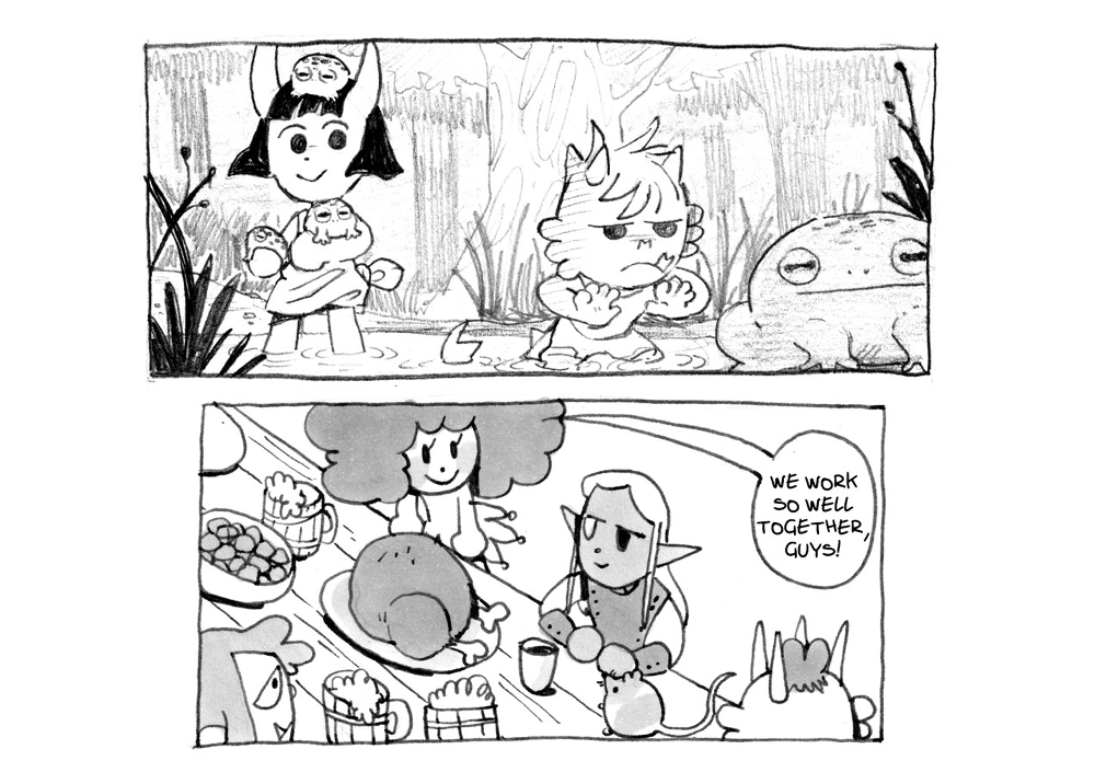 my webcomic based on me and my friends' dungeons and dragons campaign is back on https://t.co/PqW6VUqtht!
(digital download available on https://t.co/FwIUyHROTM)
here's a panel from each chapter: