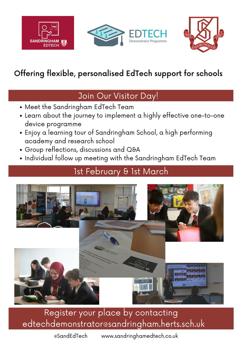 📣 Announcement! 📣 
After some very successful Visitor Days this term, we are pleased to announce 2 more for the spring term! Do email us if keen to attend (cost free, supported by the DfE)

<a href="/EdtechDemo/">EdTech Demonstrator</a> <a href="/educationgovuk/">Department for Education</a> @SandringhamSch1
