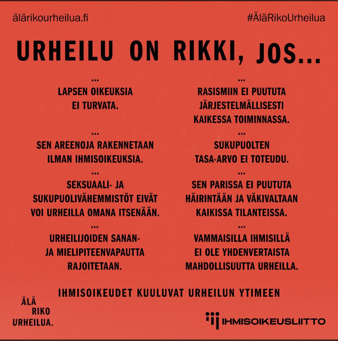 AnuStor's tweet photo. Kaikki yhdessä tärkeän asian puolesta!
@ihmisoikeus #ÄläRikoUrheilua https://t.co/DuMaDFeJbF