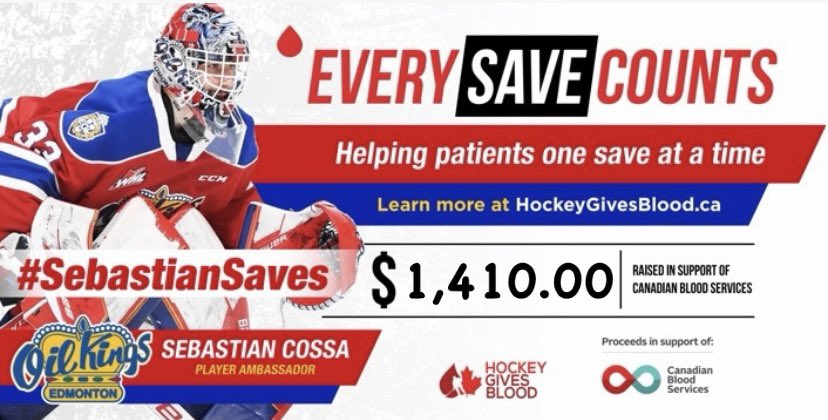 #SebastianSaves is back!
With every save <a href="/SebastianCossa/">Sebastian Cossa</a> makes this season members of #YEG medical community will generously donate to help support the thousands of patients that rely on <a href="/CanadasLifeline/">Canadian Blood Services</a> . 
<a href="/EdmOilKings/">Edmonton Oil Kings</a> <a href="/CHLHockey/">Canadian Hockey League</a> <a href="/TheWHL/">Western Hockey League</a> <a href="/DetroitRedWings/">Detroit Red Wings</a>
