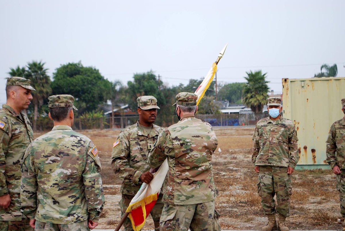 The Emergency Response Command's Team Shield welcomes incoming detachment commander 1st Lt. Troy Elam during a ceremony at JFTB Los Alamitos Nov. 20, as Maj. Christopher Merlo transfers to his new role as OIC of the Civil Military Operations Center, 40th Support Detachment.