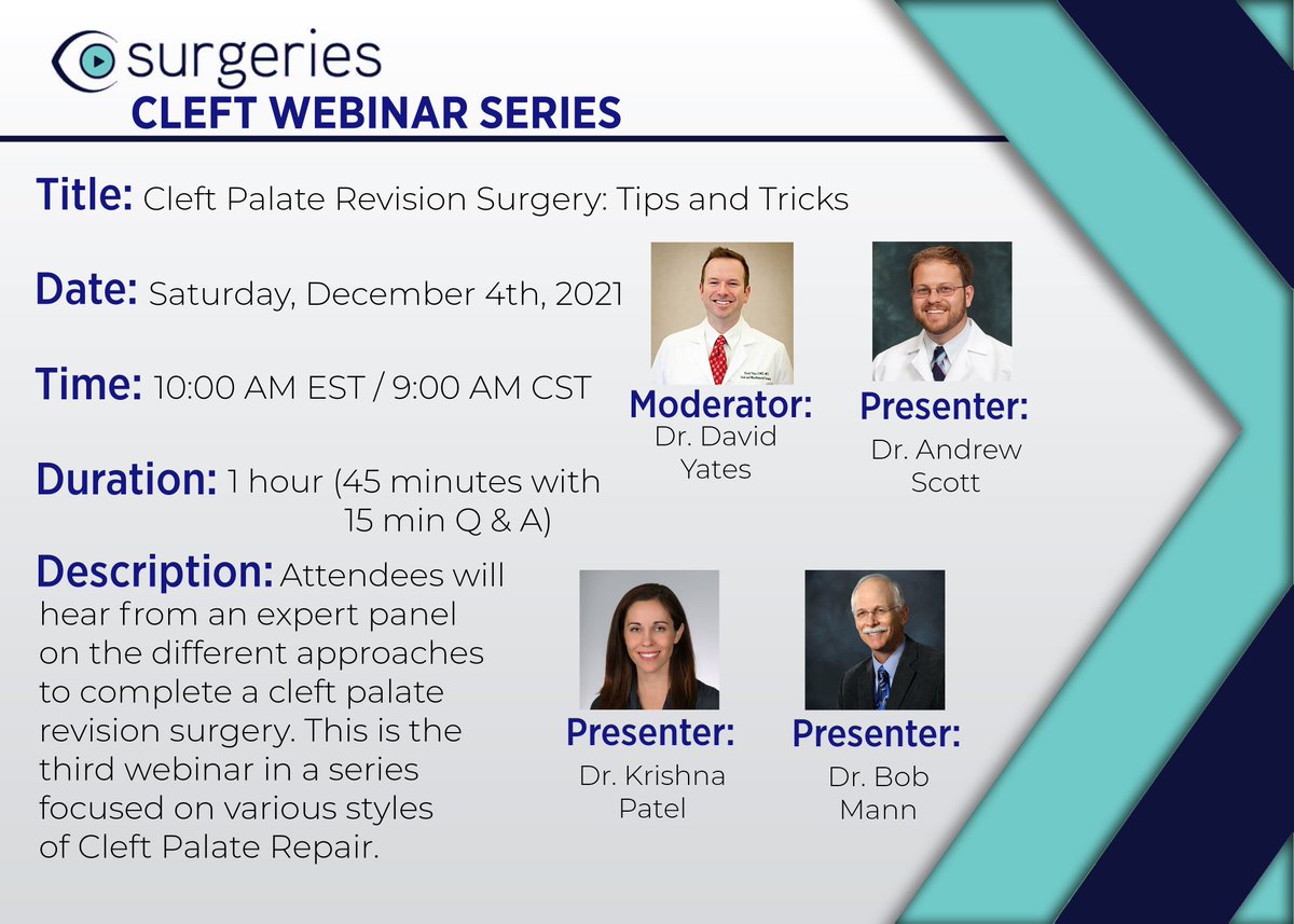 CSurgeries's tweet photo. Tune in for our latest in the Cleft Palate Webinar Series organized by Dr. Larry Hartzell and Dr. Steven Goudy! #cleftpalate #csurgeries #livewebinar #surgery
https://t.co/Yv8xiEusP4 https://t.co/X2rowvprFP