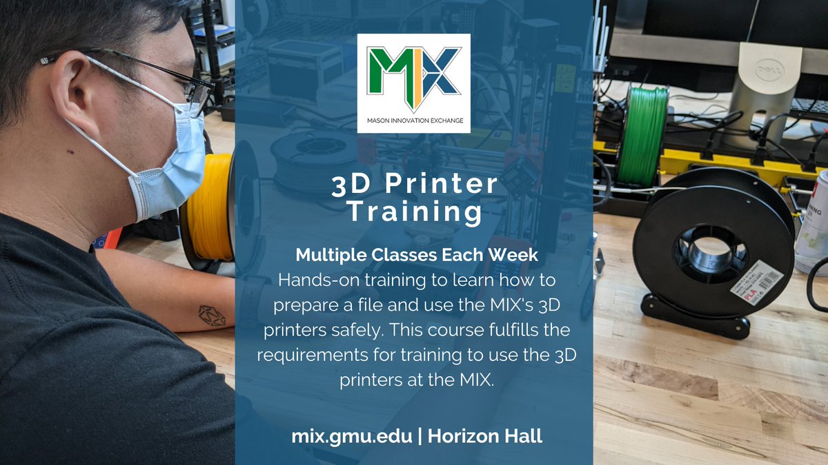 Mason Innovation Exchange (@mixatmason) on Twitter photo Interested in learning about 3D Printing? Attend this hands-on training tomorrow to learn how to use the 3D Printers at the MIX safely. Bring to life a protoype, idea, or just create for fun! Register here: loom.ly/xmGcb_g <a href="/GeorgeMasonU/">George Mason University</a> #3DPrinting #TheMix Interested in learning about 3D Printing? Attend this hands-on training tomorrow to learn how to use the 3D Printers at the MIX safely. Bring to life a protoype, idea, or just create for fun! Register here: loom.ly/xmGcb_g <a href="/GeorgeMasonU/">George Mason University</a> #3DPrinting #TheMix