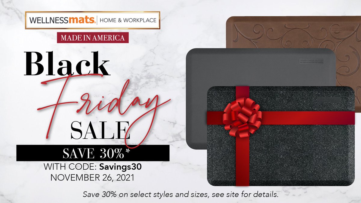 wellnessmats's tweet photo. Black Friday November 26, 2021!!! 30% Off For One Day Only!!! 
A wonderful gift!!!
WellnessMats make a great gift because they are 100% USA made, and are the "Best-in-Class" Anti-Fatigue Support to Complement &amp; Enhance Any Décor! 
https://t.co/JKoZtc2dWn https://t.co/OCa2Ijnnrk