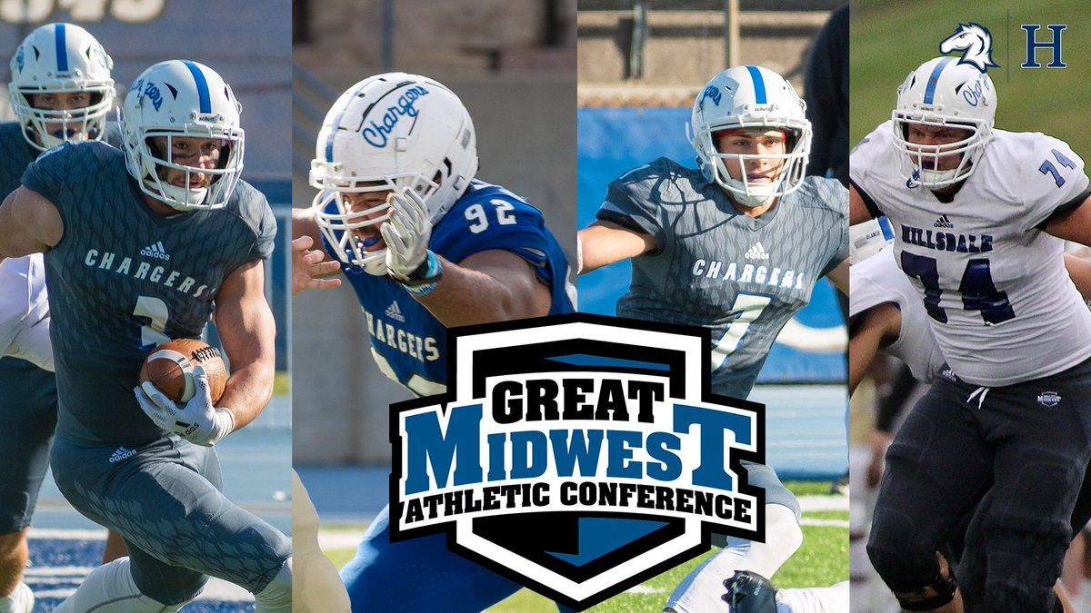HCChargers's tweet photo. Congrats to @Hillsdale_FB, which had four first-team honorees on the All-@GreatMidwestAC team released today, and 11 players honored overall! #ChargeOn 
See the full list here:  https://t.co/vZYsiYSPbO https://t.co/tvgssuJSvK