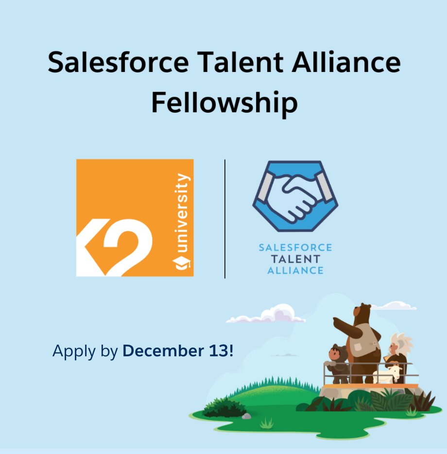 trailhead's tweet photo. 😃Ready for meaningful hands-on work, mentoring, and career development within the Salesforce Ecosystem, and so much more?🥳

📱Apply to be a fellow with the Salesforce Talent Alliance Fellowship by December 13! ➡️➡️ https://t.co/pvco5V8EJj https://t.co/ausAuc8S7M