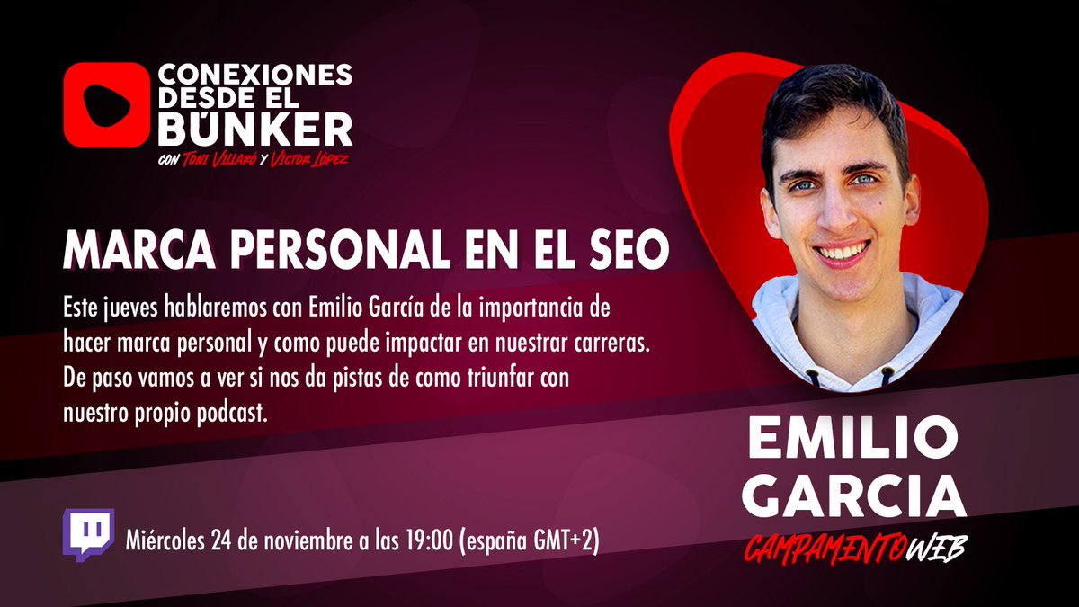 Este miércoles, si 🥶Filomena nos deja, ¡Se viene programazo!

Nos visita unos de los referentes, un SEO renacentista: podcaster, nichero,
formador y consultor (entre otros)

Emilio Garcia aka <a href="/CampamentoWeb/">🏕 Campamento Web • Emilio García</a> cien a hablar de:

🏕 Marca Personal
🏕 Podcast
🏕 Verticales temáticos