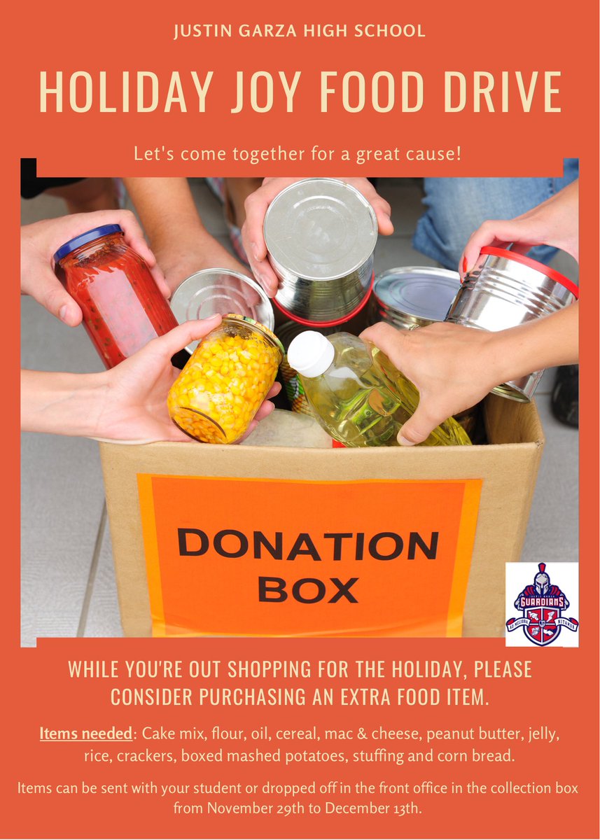 JGH_Activities's tweet image. Guardian Community,

Let’s come together for a great cause! This holiday, please consider purchasing an extra food item while you’re out shopping.

Every item counts!

#WEareJG #CUSDHolidayJoy