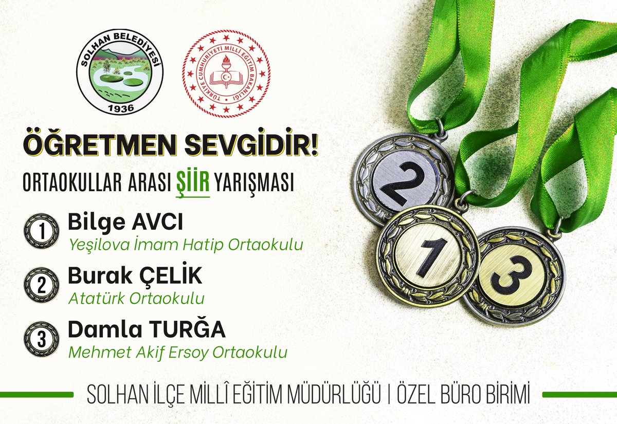 SolhanOzelBuro's tweet photo. Solhan Belediyesi ile Solhan İlçe Milli Eğitim Müdürlüğü iş birliğiyle, 24 Kasım Öğretmenler Günü münasebetiyle düzenlenen "ÖĞRETMEN SEVGİDİR" temalı ORTAOKULLAR ARASI ŞİİR YARIŞMASI'nda dereceye giren öğrencilerimizi tebrik ediyoruz. #24KasımÖğretmenlerGünü https://t.co/vOMdpHvBf0