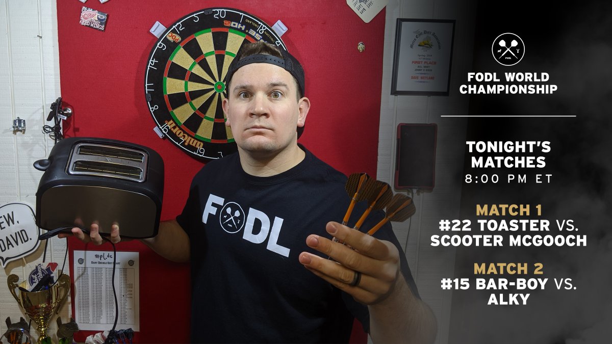 FODartLeague's tweet photo. IT ALL STARTS TONIGHT!

FODL World Championship - First Round
First to 2 Sets

Match 1: #22 Toaster vs. Scooter McGooch
Match 2: #15 Bar-Boy vs. Alky

The Fireman has the call live on Twitch from 8:00 PM ET: https://t.co/TmhVN9XEBw https://t.co/C0grLMEUMT