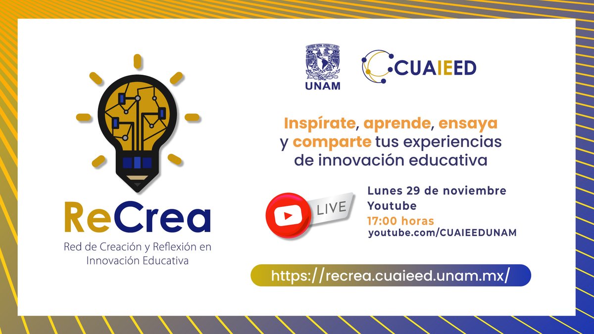cuaedunam's tweet photo. ¡Gran lanzamiento de #ReCrea! Un micrositio para impulsar una reflexión colectiva y repensar el quehacer docente.
https://t.co/keRQYXZlZG

¡Inspírate, aprende ensaya y comparte tus experiencias de #InnovaciónEducativa!

¡Adquiere tu eTicket gratuito!
https://t.co/1LTfA5f26H https://t.co/ii3FZpNa5t