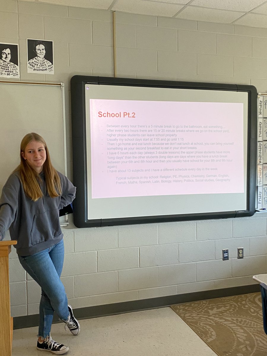 TheELAchick's tweet photo. To help celebrate National Education Week, Lotte, foreign exchange student from Germany, shared what public education is like in her home country. The students were very intrigued with the differences. #cardinalpride https://t.co/T2SucH8y0m