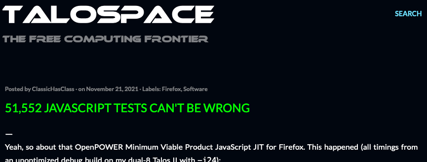 mpc7500v2's tweet photo. 51,552 JavaScript tests can't be wrong
https://t.co/dnSDZqJYEm
#OpenPOWER #IBM #POWER9 #PPC64le #PowerPC #Firefox #JavaScriptJIT https://t.co/1TvdKy0iBX