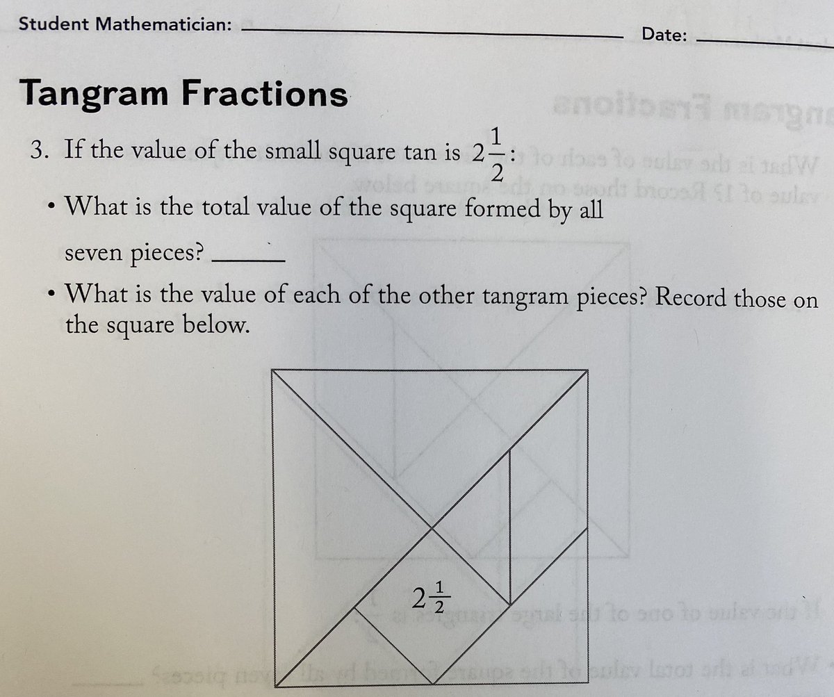 NTMThinkers's tweet photo. If you ask the 4th graders, they might say just putting the tangram pieces into a square was the hardest part. But our challenge was to find the value of each piece when the value of the square piece changes #ProjectA3  @MsJohnson4th @ArnettMonarchs @NTMKnightsAPS https://t.co/H1sEZ3olWq