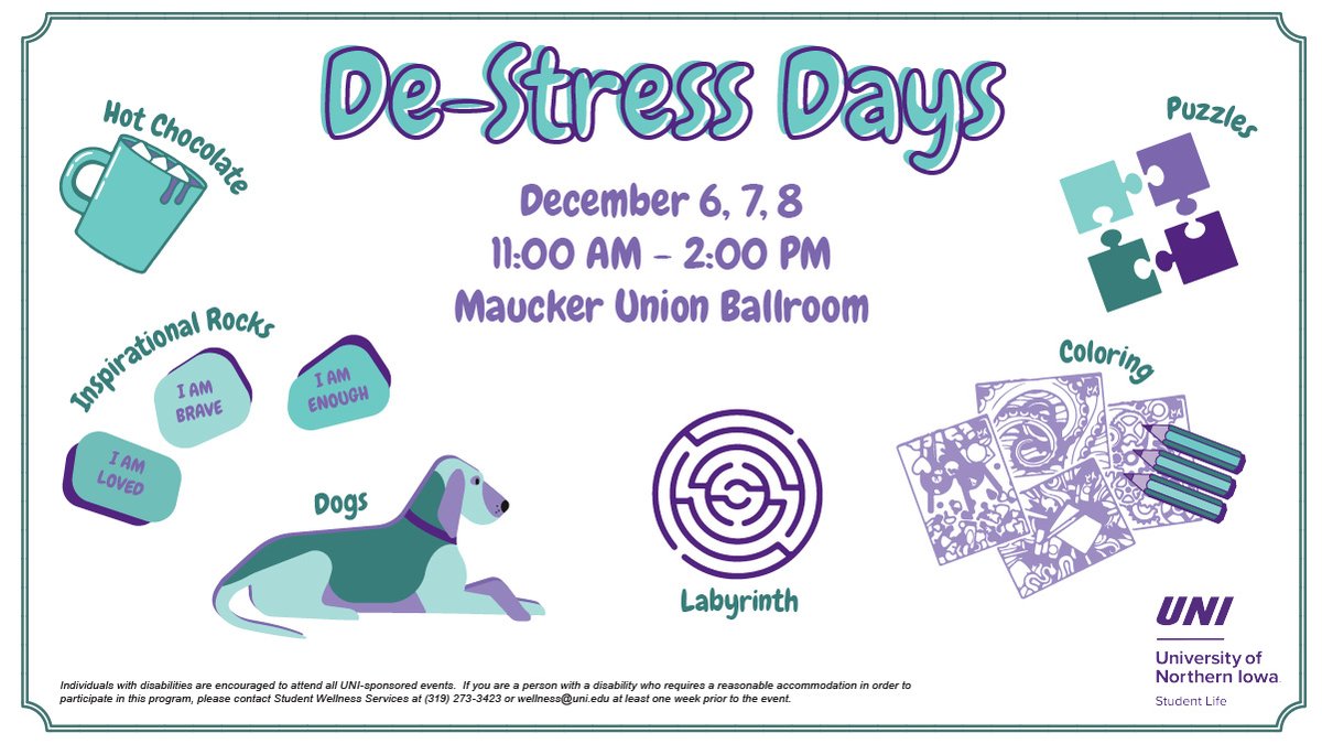 📣SAVE THE DATE for De-Stress Days!😊

📅December 6th, 7th, &amp; 8th 
⌚11:00AM - 2:00PM
📍Maucker Union Lobby &amp; Ballrooms