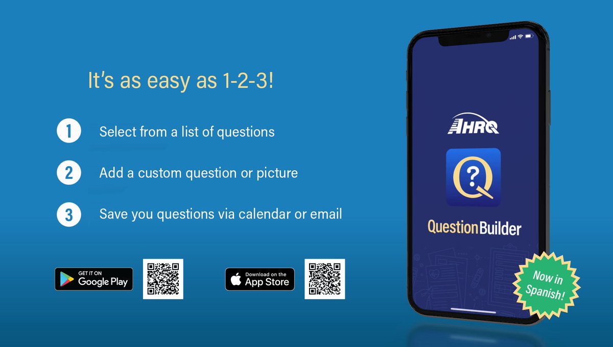 AHRQGov's tweet photo. #ADM2021 is a perfect time to check out AHRQ's #QuestionBuilder in Spanish. The free app can help Latino patients get the most from their medical visits plus up-to-date @HHSGov info on COVID-19 & nearest vaccination sites https://t.co/wLYSRwMjOO https://t.co/ryoGXokXiV