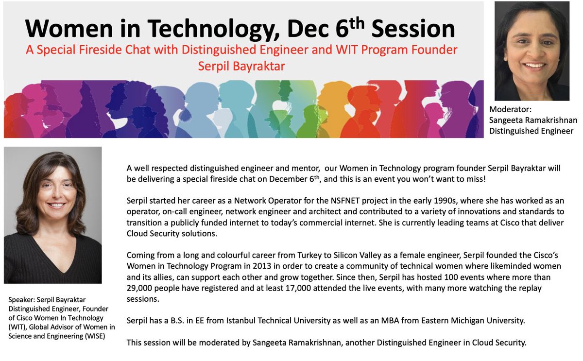 cisco_wit's tweet photo. Join us for a fireside chat with WIT founder, our very own Serpil Bayraktar. 
@b_serpil is known for her excellent leadership, mentorship and technical acumen!

Register: https://t.co/2XhAAy9E0Y
#LoveWhereYouWork #WeAreCisco #Leadership #Cisco #WomenInTech https://t.co/doDLmOMd8q
