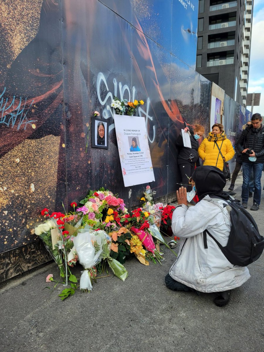 NakusetS's tweet photo. Thank you all who attended Elisapee Pootoogook’s memorial. It was extremely powerful.@picardghislain @yummiest 
We placed the flowers in front but the condo owners have commuted removing them with the next 10 minutes.  This is what it looked like. https://t.co/cNixOGi759