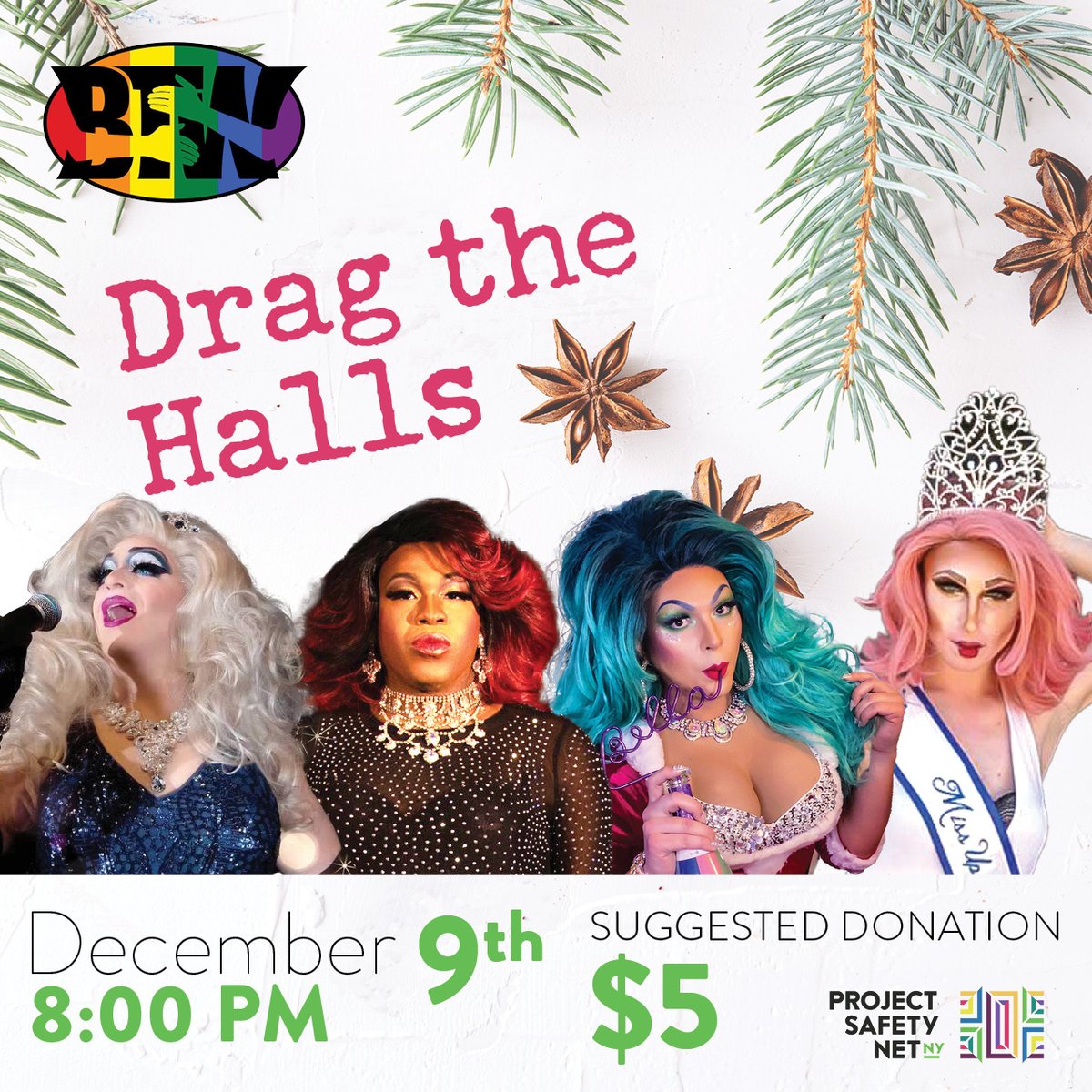 PSN_NY's tweet photo. Come out of the cold and Drag the Halls with us! 
Click our link in bio to learn more about our Holiday Drag Fundraiser!

#Drag #DragQueens #DragShow #Holiday #HolidayDrag #Fundraiser #btwbarandgrill #LongIslandTogether #PSNNY #ProjectSafetyNetNY https://t.co/MJJ7qo2vZF