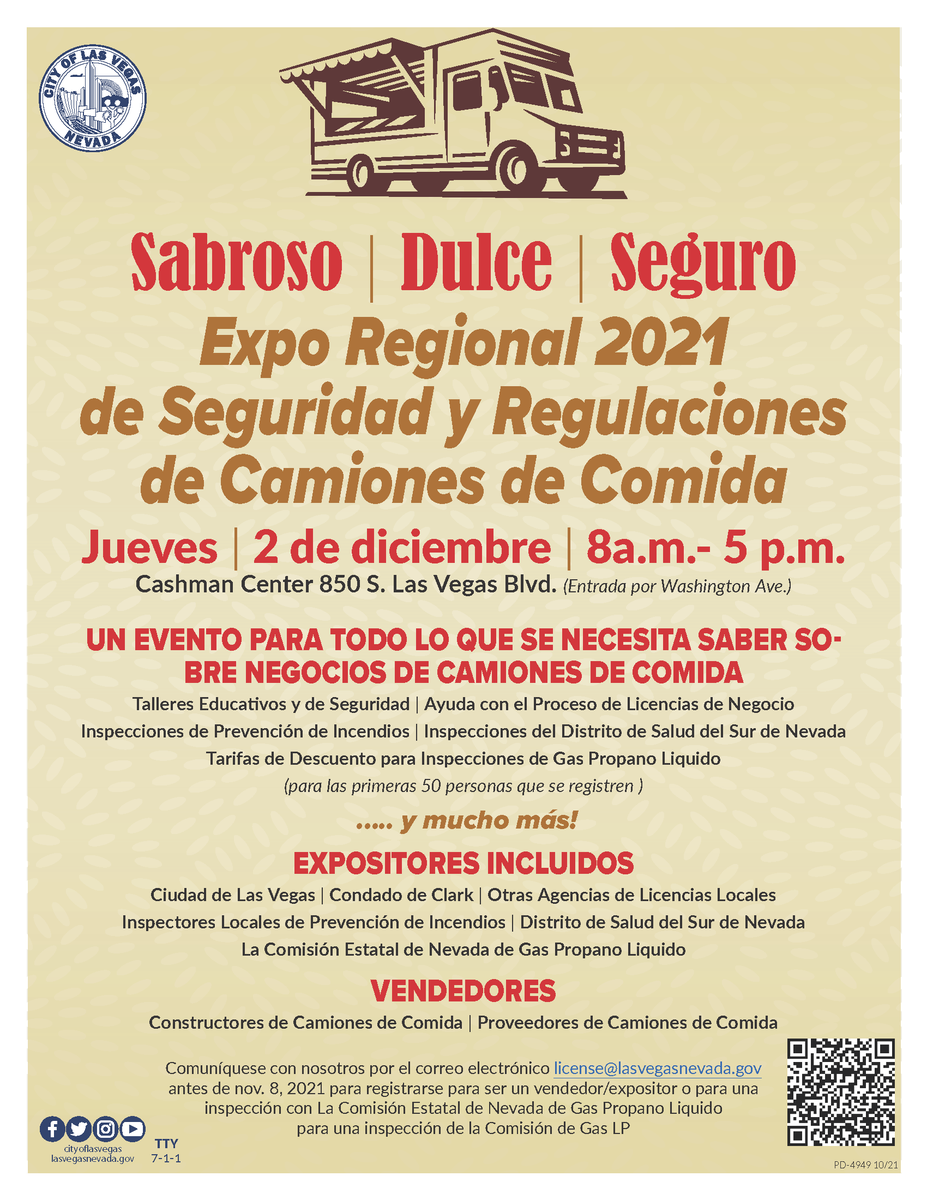 NevadaSBDC's tweet photo. Join the Nevada SBDC as we participate in the 2021 Regional Mobile Food Compliance and Safety Expo! This event takes place on Thursday, December 2nd, and will feature a one-stop shop for all things mobile food vending.
For more information, contact license@lasvegasnevada.gov. https://t.co/lhyoSMPA3N