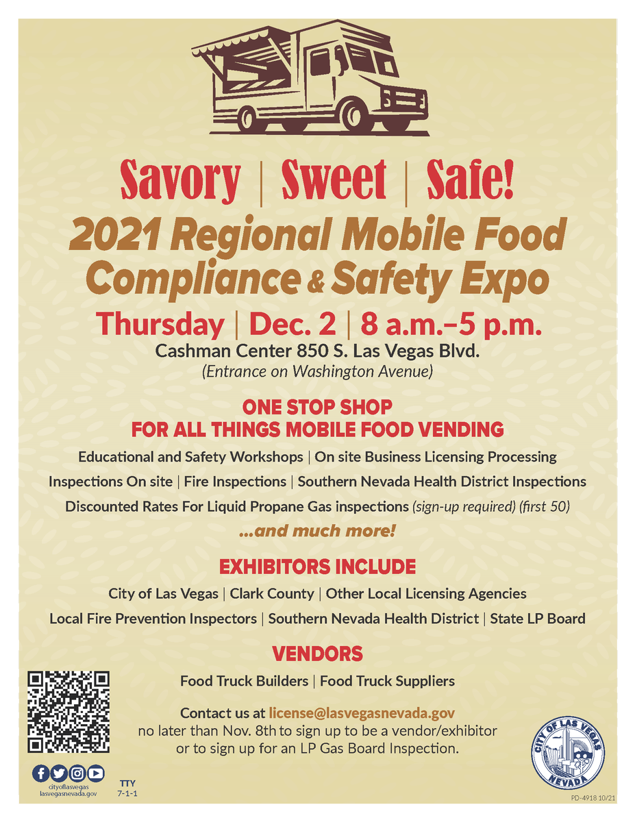 NevadaSBDC's tweet photo. Join the Nevada SBDC as we participate in the 2021 Regional Mobile Food Compliance and Safety Expo! This event takes place on Thursday, December 2nd, and will feature a one-stop shop for all things mobile food vending.
For more information, contact license@lasvegasnevada.gov. https://t.co/lhyoSMPA3N
