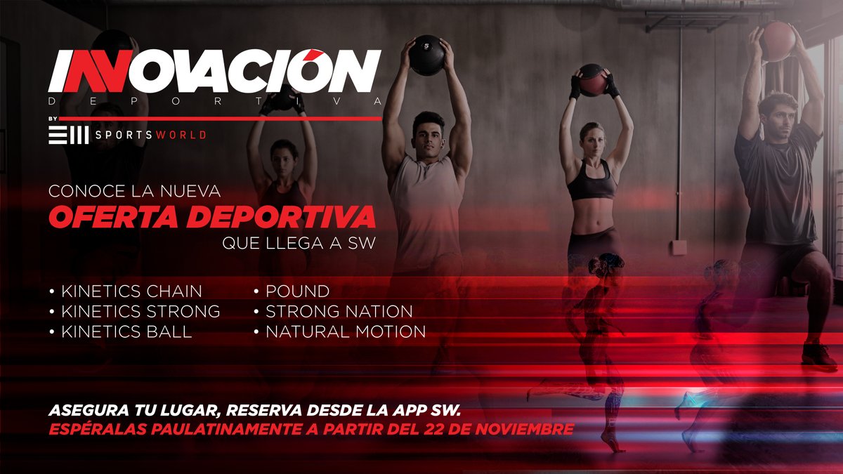 En Sports World la innovación es algo que nos caracteriza y por eso queremos invitarte a conocer la oferta deportiva que se irá implementando paulatinamente en nuestros clubes. Reserva tu lugar a través de la App SW. #GymIt