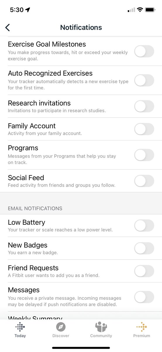ycl3pt's tweet photo. @FitbitSupport I'd be happy to do that if it was available. No email notifications there. Nor is it in iOS settings->Fitbit. Nor in Fitbit app->pic->Charge5->Notifications->App Notifications. https://t.co/OnQPOyTlLb