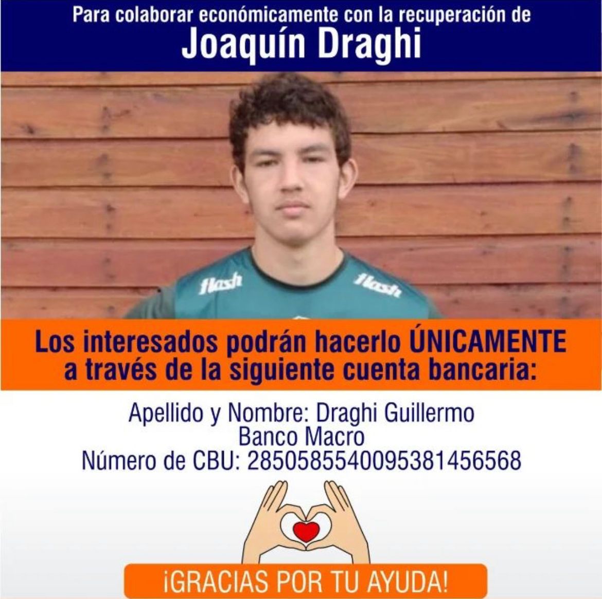 Santiguazzelli's tweet image. Joaquín Draghi sufrió una lesión Cervical grave jugando al #Rugby. Es de Olavarría, fue operado y está necesitando apoyo para poder rehabilitarse.
Para los que puedan aportar dejo el
CBU: 2850585540095381456568
Se agradece el RT.