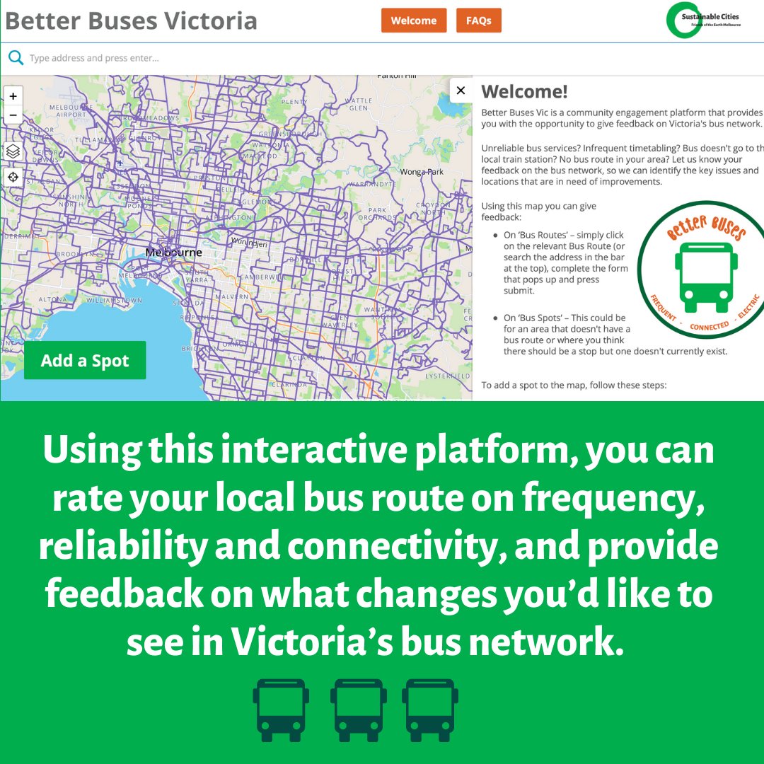 WeSustainCities's tweet photo. Victorians! Rate bus routes on frequency, reliability and connectivity, and provide feedback on what changes you’d like to see in Victoria’s bus network 🚌 https://t.co/45BF7zLVIp Data will be used demonstrate need for #BetterBusesVic to 👇 emissions + tackle climate change https://t.co/z9dVr52emx