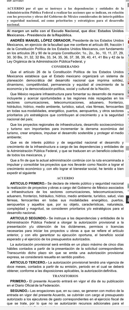 leonugo's tweet photo. Esto que acaba de salir en el @DOF_SEGOB es de un PELIGRO extremo:

—Proyecto que le venga en gana a @lopezobrador_ se declarará de seguridad nacional.
—Las dependencias deben saltarse todos los requisitos y autorizarlas ya.

Viene MÁS discrecionalidad, MÁS opacidad y MÁS poder. https://t.co/cQs4eoZpH9