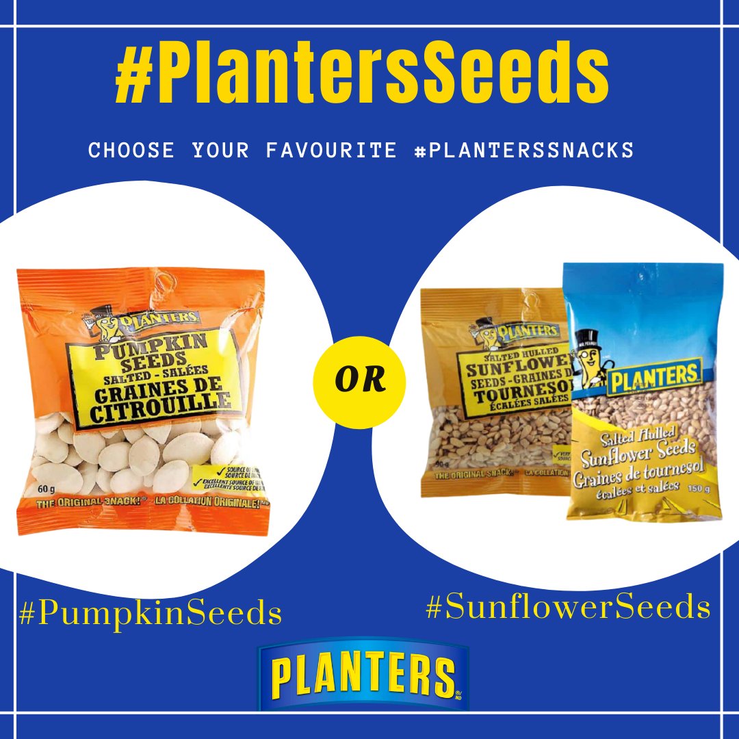 planterscanada's tweet photo. It's time to choose your favourite #PlantersSnacks. Which do you prefer: #PumpkinSeeds or #SunflowerSeeds ?
#WednesdayInspirational #PlantersSeeds #PlantersCanada https://t.co/GwtgsJEajq