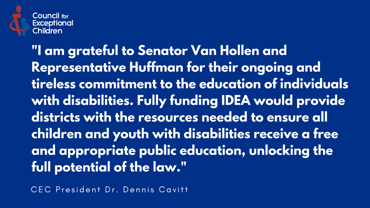 CECMembership's tweet photo. We applaud Congress for reintroducing the #IDEAFullFundingAct, which would put the Individuals with Disabilities Education Act (IDEA) on a 10-year glidepath to “full funding.” Read more: https://t.co/fkqUdBwTHP https://t.co/fi2r56EJwq