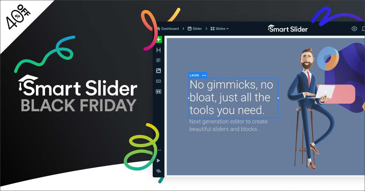 YutakaTakamatsu's tweet photo. WordPressプラグイン『Smart Slider 3』すべての価格プランが 40%オフになる、ブラックフライデーセールが始まりました！
期間: 11月23日〜11月30日まで🚀
#SmartSlider3 #wordpress #スライダー  #Web制作 

⬇️公式サイト- 価格プランページ
https://t.co/7y90HBs3bI https://t.co/lHDdZNKp36