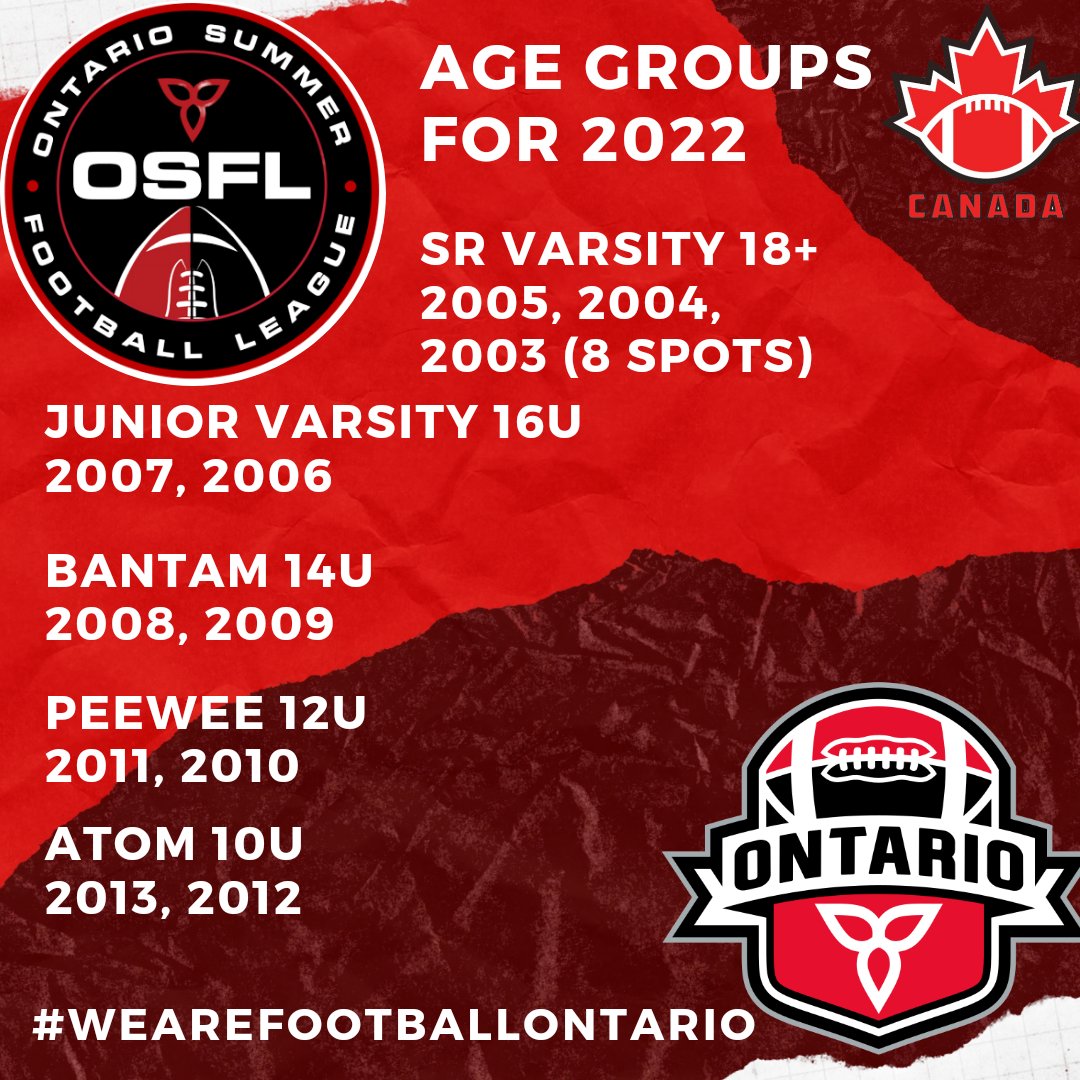 2022 OSFL age groups

Senior Varsity
18+ birth years 2003/2004/2005 with the maximum number of 2003's allowed on a roster capped at 8

Junior Varsity
16U birth years 2006/2007

Bantam
14U birth years 2008/2009

Peewee
12U birth years 2010/2011

Atom
10U birth years 2012/2013
