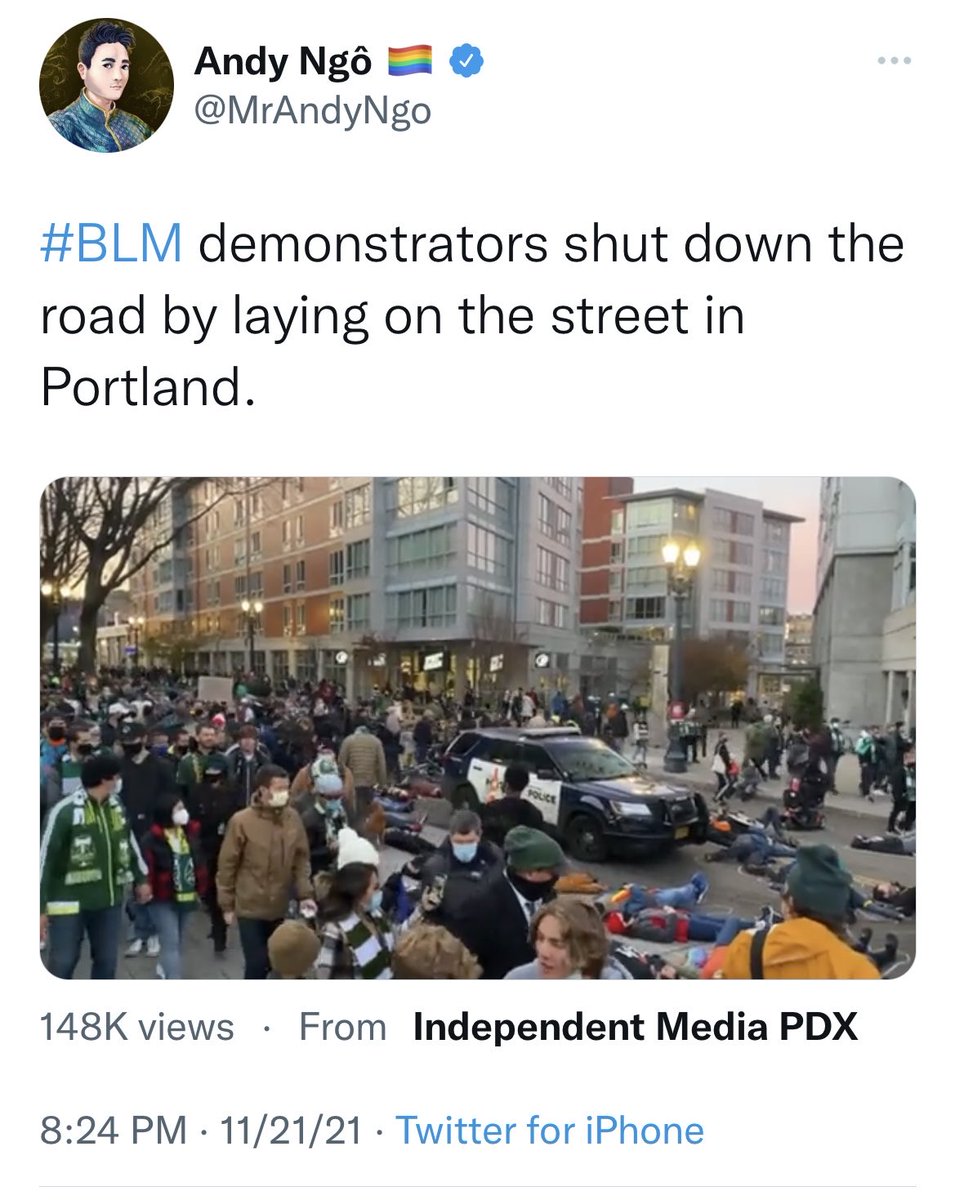 Here is Andy Ngo spreading disinformation to target Black Lives Matter.  Almost all the people in his video are leaving a MLS game.  And the street is closed on a Sunday because of the game.