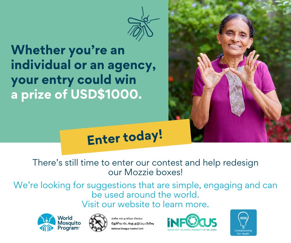 MosquitoProgram's tweet photo. There’s still time to enter our contest and help redesign our #Mozzie boxes! We’re looking for suggestions that are simple, engaging and can be used around the world. Enter today 👉 https://t.co/8QnJDNbVHk
#ReleasingHope #opencall2021 https://t.co/3BRYkTzQua