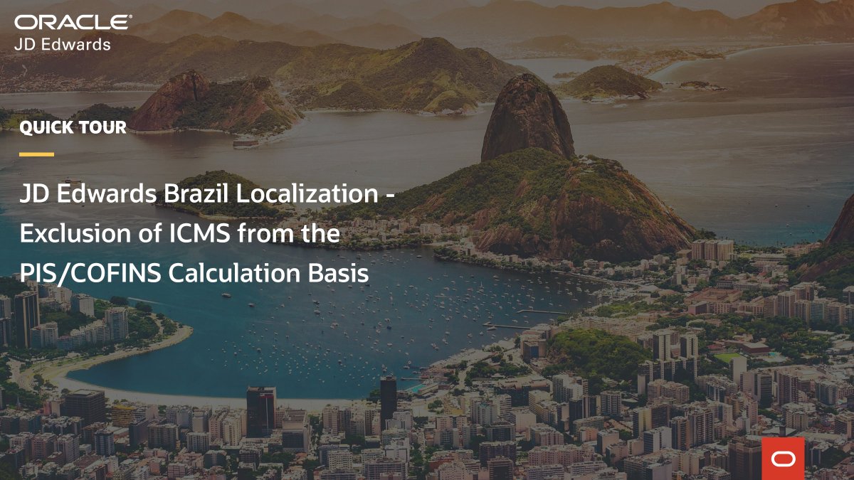 OracleJDEdwards's tweet photo. This #JDEdwards #QuickTour describes the Brazilian Legislation Extraordinary Appeal [RE] 574706 and amendment to calculation basis for PIS and COFINS taxes.  https://t.co/Q0dmEE0g2J https://t.co/spBpnybwTe