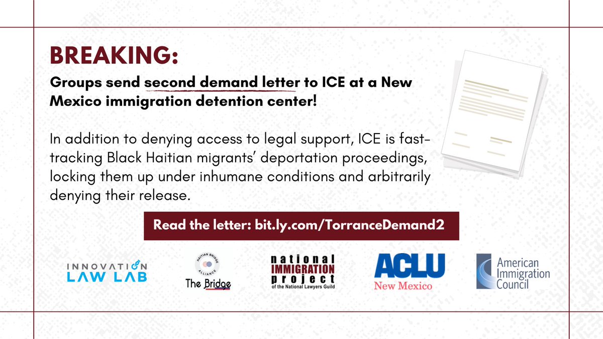 #BREAKING: Groups send 2nd letter to ICE over lack of access to legal support for Haitian asylum seekers detained in Torrance County Detention Facility!

Inhumane conditions & arbitrary denials worsen the situation.

The letter: bit.ly/TorranceDemand2 #StopHaitianDeportations