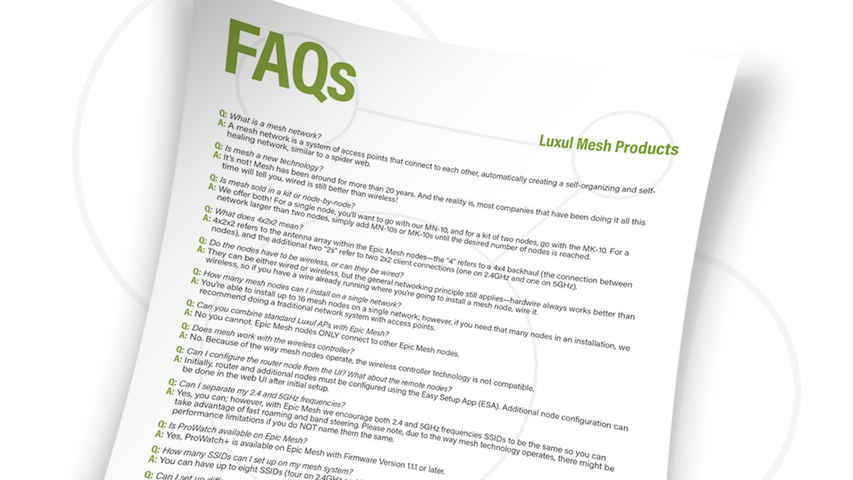 LuxulCorp's tweet photo. Not familar with Luxul #EpicMesh? Give this Epic Mesh FAQ a quick read at the link below to learn more! 💪
✔️ https://t.co/YxqbgUHg0K
#Luxul #FAQ #Help #Educational #AV #Tech https://t.co/vdfFoeXIkY