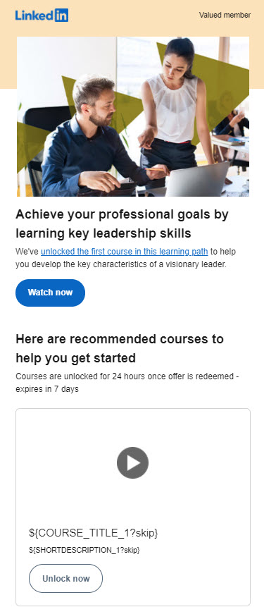 Thanks <a href="/LinkedIn/">LinkedIn</a>, I'm gonna love ${COURSE_TITLE_1?skip} 😂