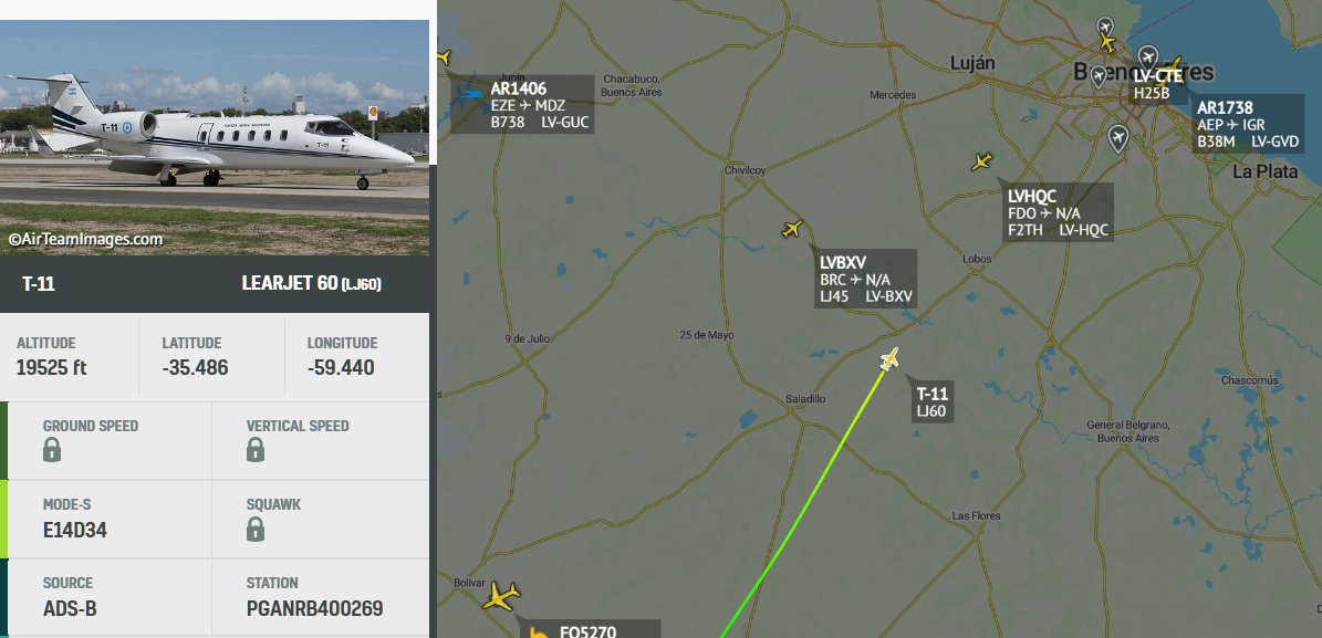 Modo_S_'s tweet photo. ➡️La Vicepresidente de regreso a Buenos Aires en vuelo No Oficial utilizando el Learjet 60 T-11 de la Fuerza Aérea Argentina. Ruta El Calafate (FTE) / Aeroparque (AEP) Callsign #Tango11 https://t.co/1rsCORfWDN