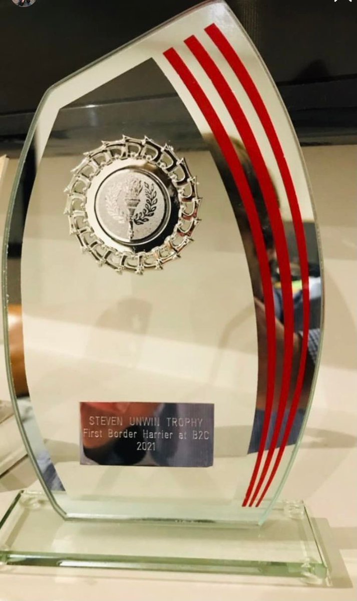 This years winner of the Steven Unwin Trophy, for the first Border Harrier to finish the Brampton to Carlisle, 10 mile road race is Mark Emmerson 👏👏
Mark finished 13th overall in a cracking time of 53:08. 
Well done Mark, perfect way to end an impressive season.  🧡🖤