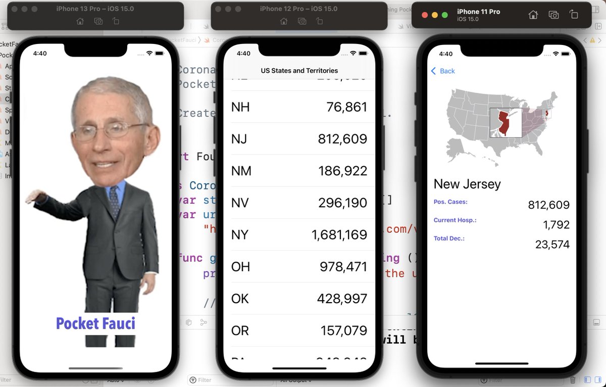 gallaugher's tweet photo. Today’s #BCSwifrt exam in our zero-to-full stack course has students building “Pocket Fauci", in-class, an API-accessing, JSON parsing, image-displaying COVID data app w/animation & sound. Class full of talent ready to be hired. Solution posted on YouTube tomorrow. #iOSCodeCrush https://t.co/FO1R357gWb
