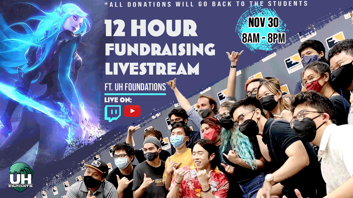 UHEsport's tweet photo. Coming up next week: 
Our 12-hour long fundraising stream! We'll be raising some money to send back to the students of our program. Hop in and show some support on 11/30 8am - 8pm HST.🥰 https://t.co/6DioDpDX4d