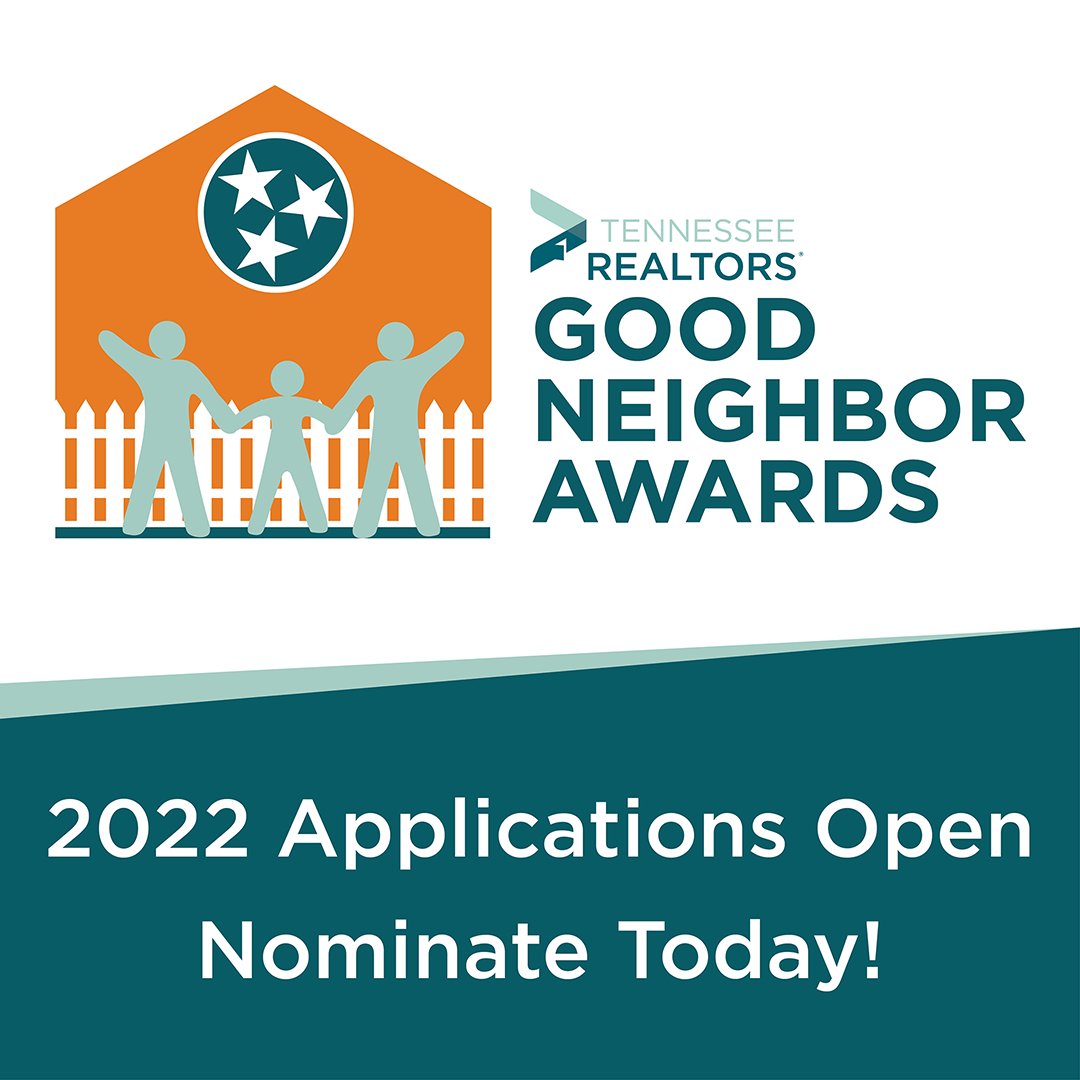 Do you know a REALTOR® whose community service and its impact merit recognition? We are accepting applications for the 2022 Tennessee REALTORS® Good Neighbor Award through Monday, January 11, 2022. Nominate someone today at tnrealtors.com/applications/g….