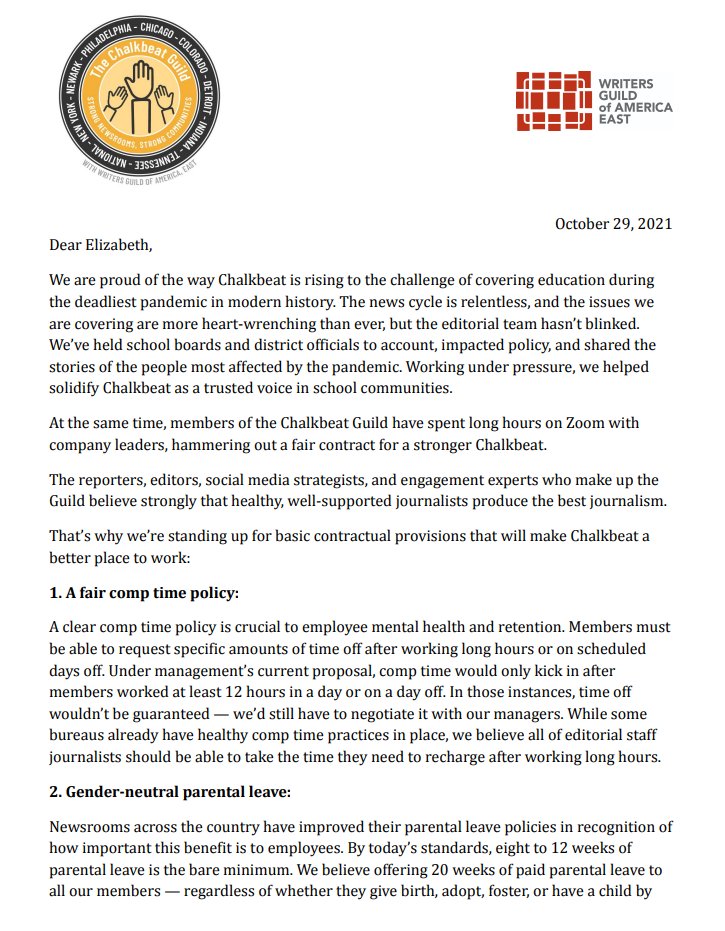 civicnewsguild's tweet photo. It’s been one (long) year negotiating a contract, and we have some big unresolved issues. Here’s the letter we sent to our founder and CEO, @elizwgreen, on why we’re fighting for better salaries, more parental leave and a fair comp time policy. #CBGuild #faircontractnow https://t.co/LlPmQuwoUd